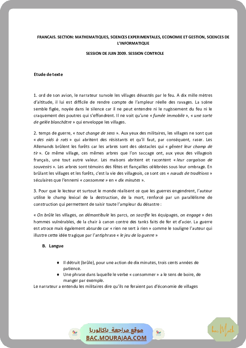 Corrigé controle francais Bac 2009 – Section math